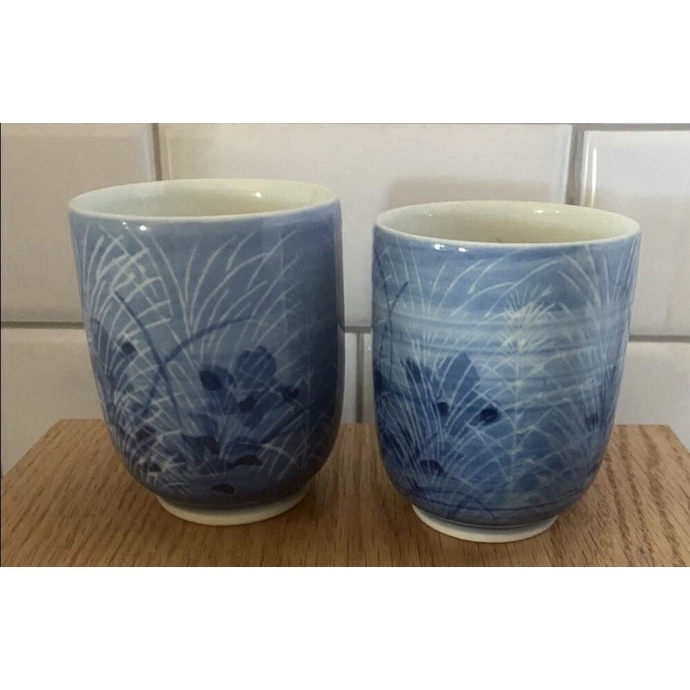 Vtg Japanese Kyusu Tea Set Blue hand painted Botanical Prcln Yokode Teapot Cups - Picture 5 of 7
